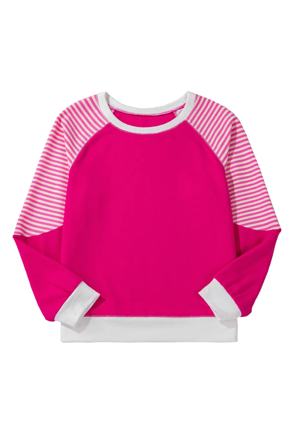 Strawberry Pink Striped Patchwork Crew Neck Raglan Sleeve Top