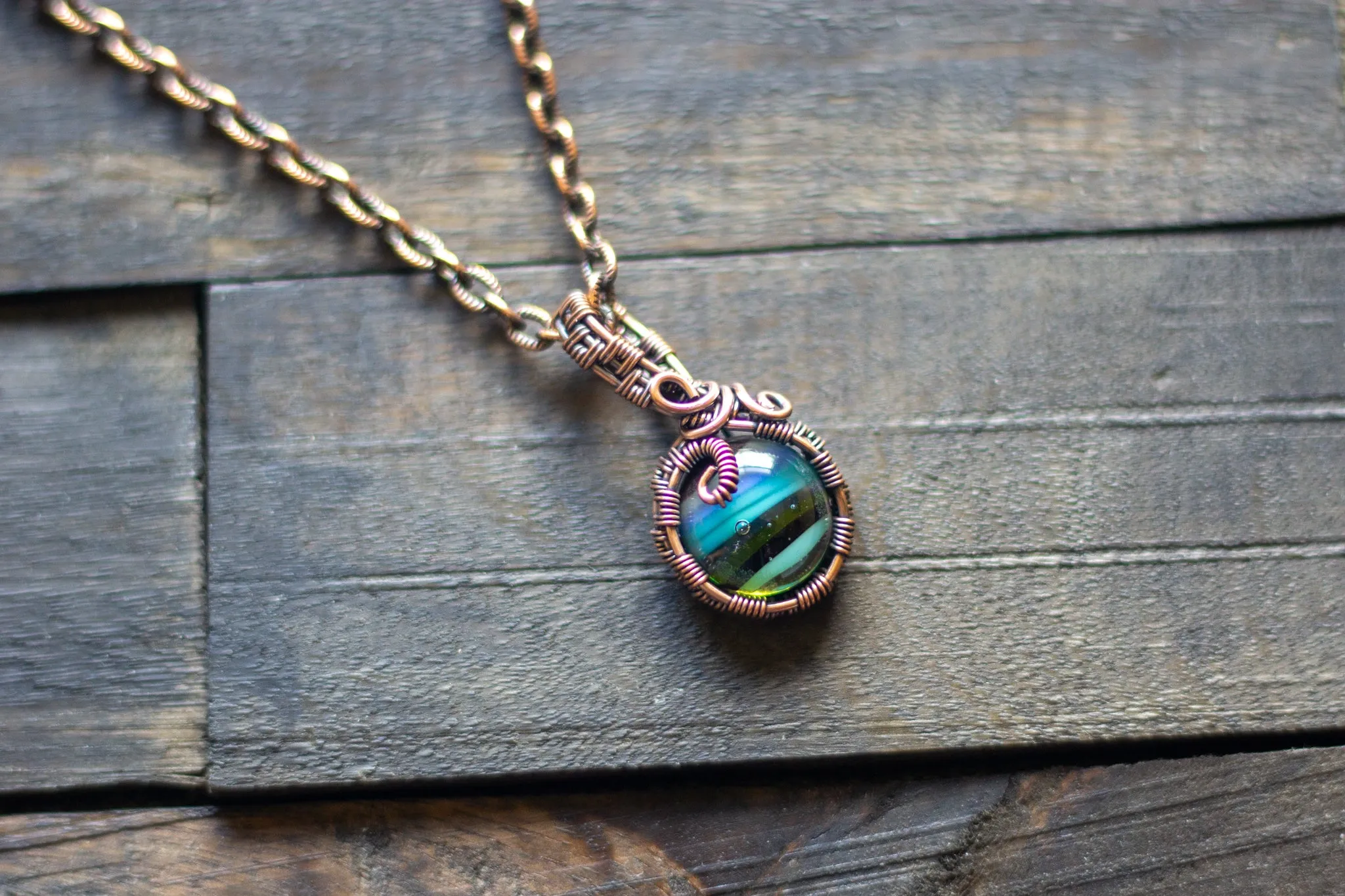 Striped Blue and Green Fused Glass Mini Pendant with Copper Wire Wrapping