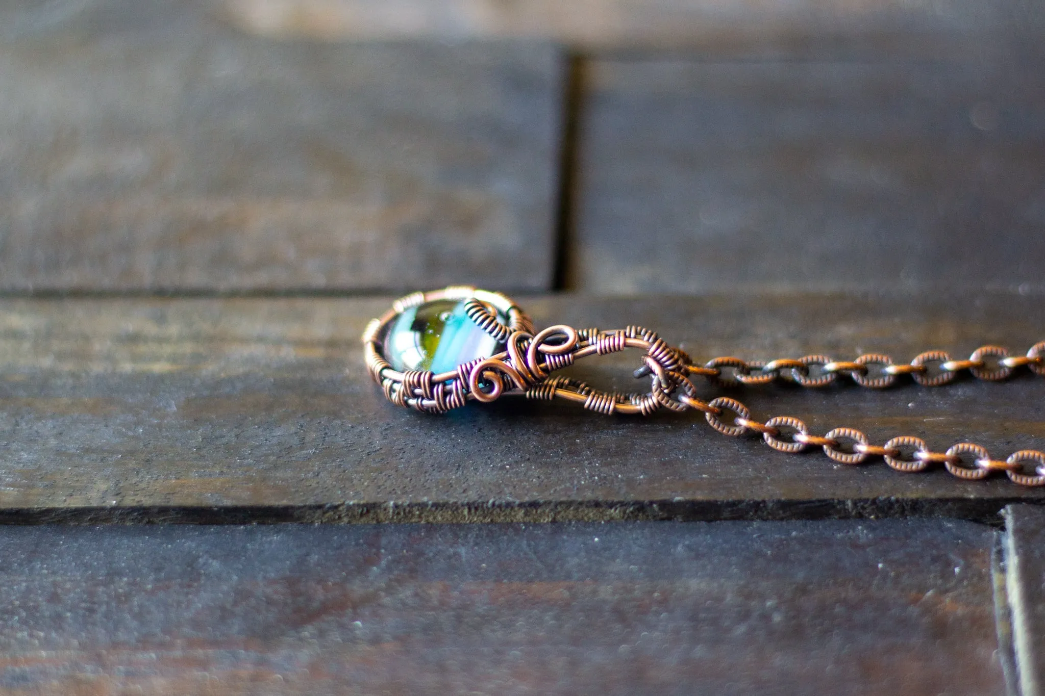 Striped Blue and Green Fused Glass Mini Pendant with Copper Wire Wrapping