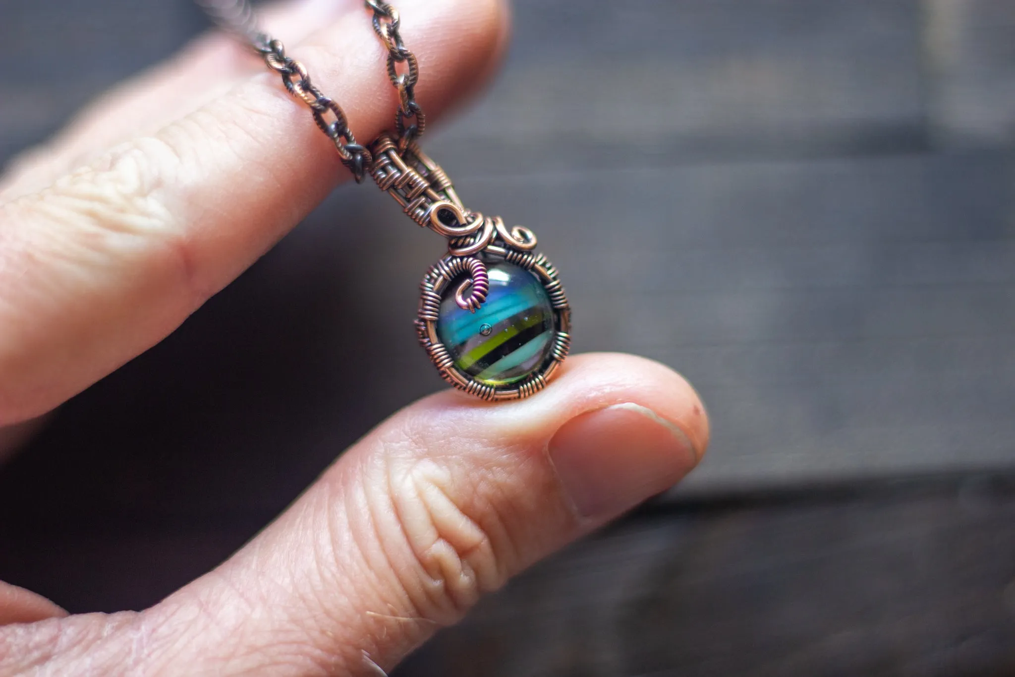 Striped Blue and Green Fused Glass Mini Pendant with Copper Wire Wrapping