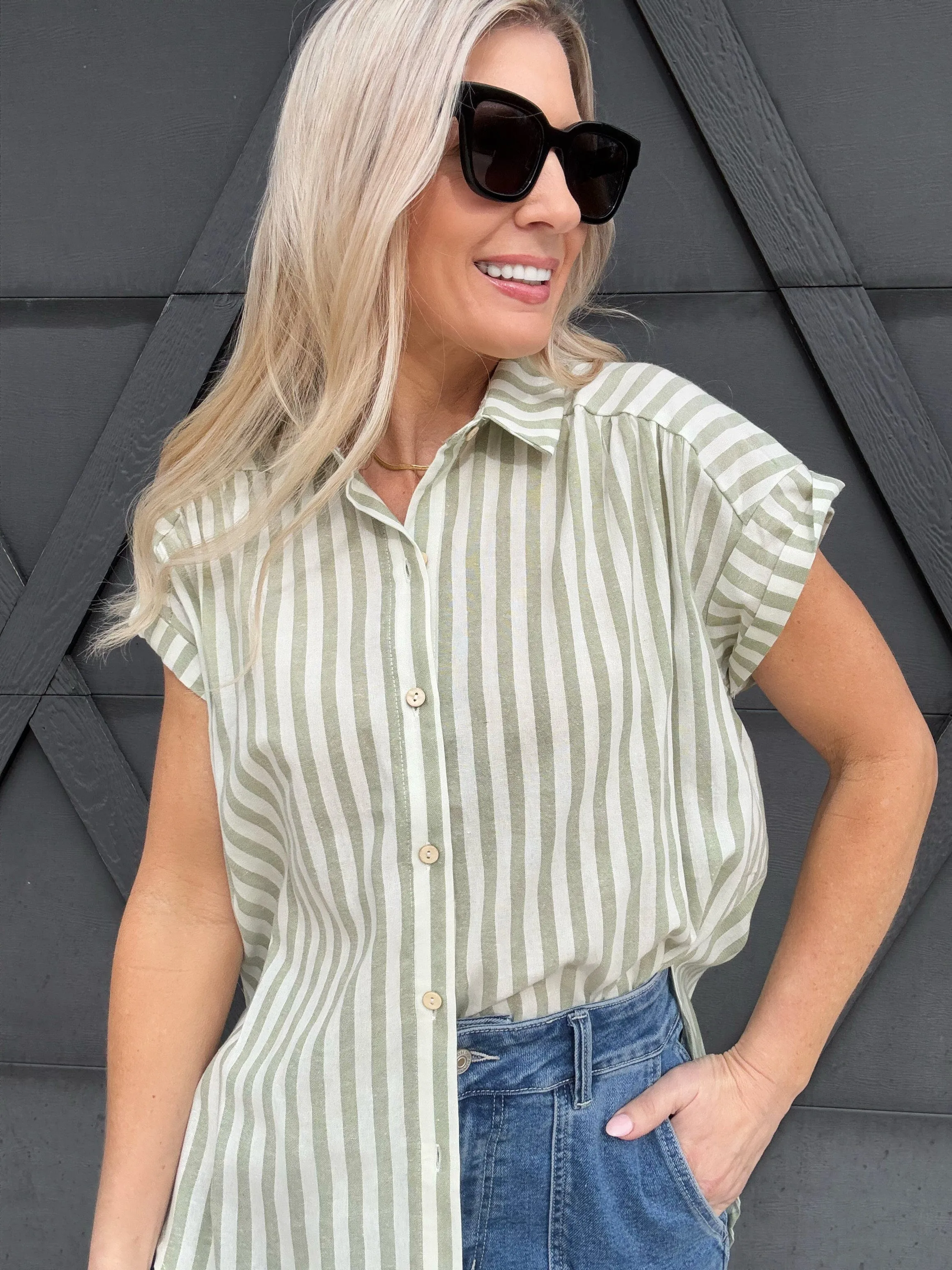 Striped Short Sleeve Blouse In Desert Sage