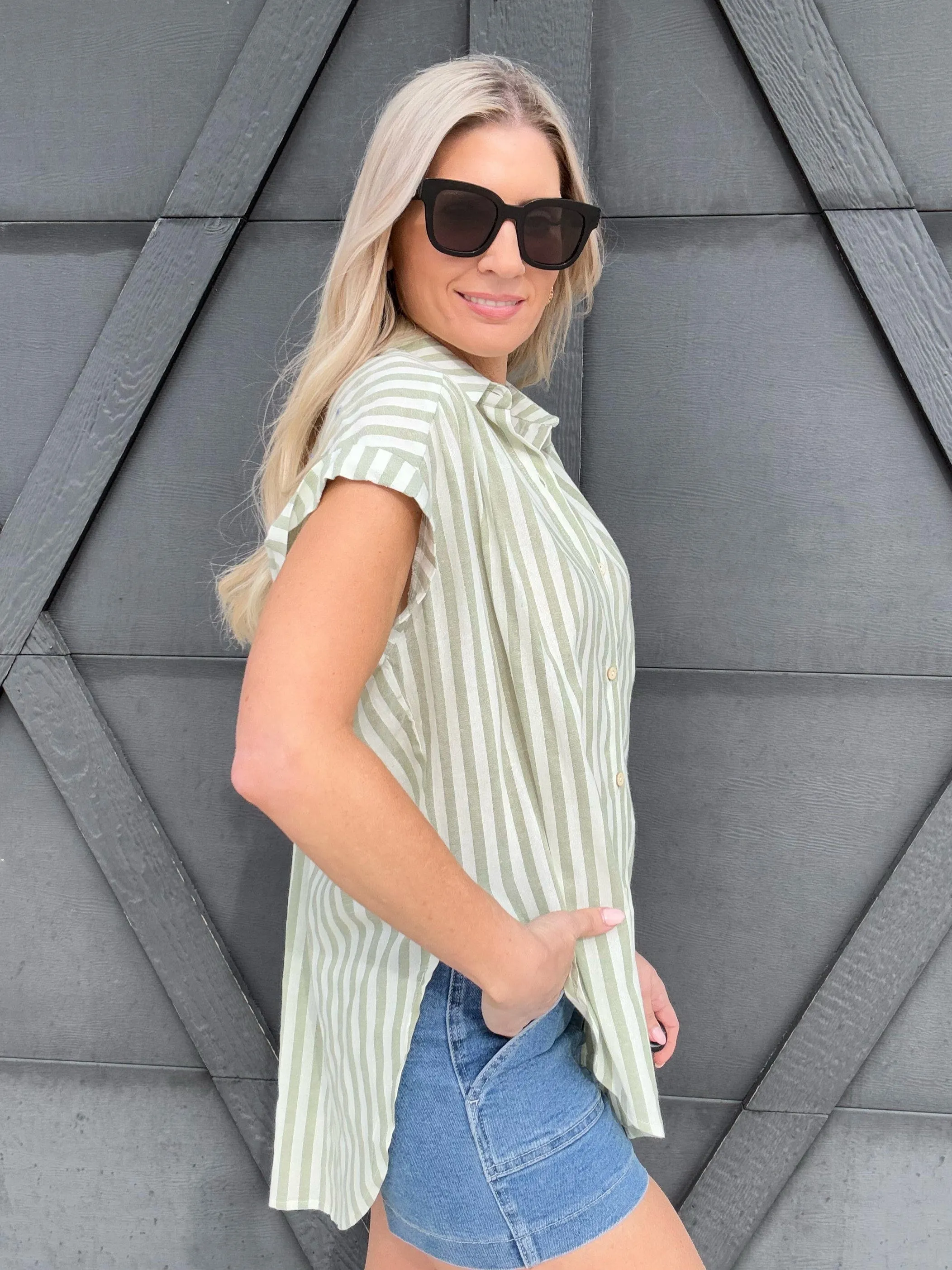 Striped Short Sleeve Blouse In Desert Sage