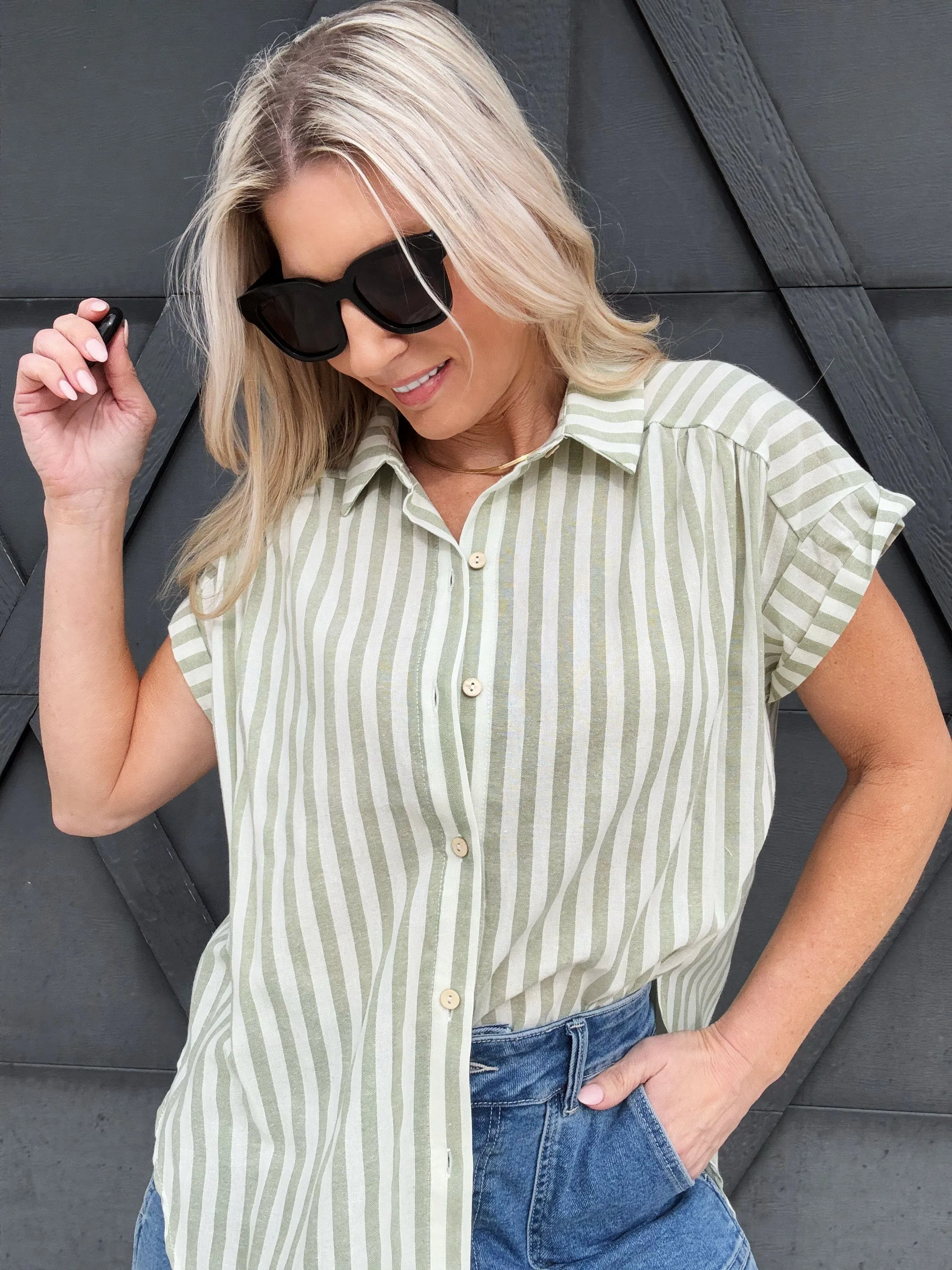 Striped Short Sleeve Blouse In Desert Sage