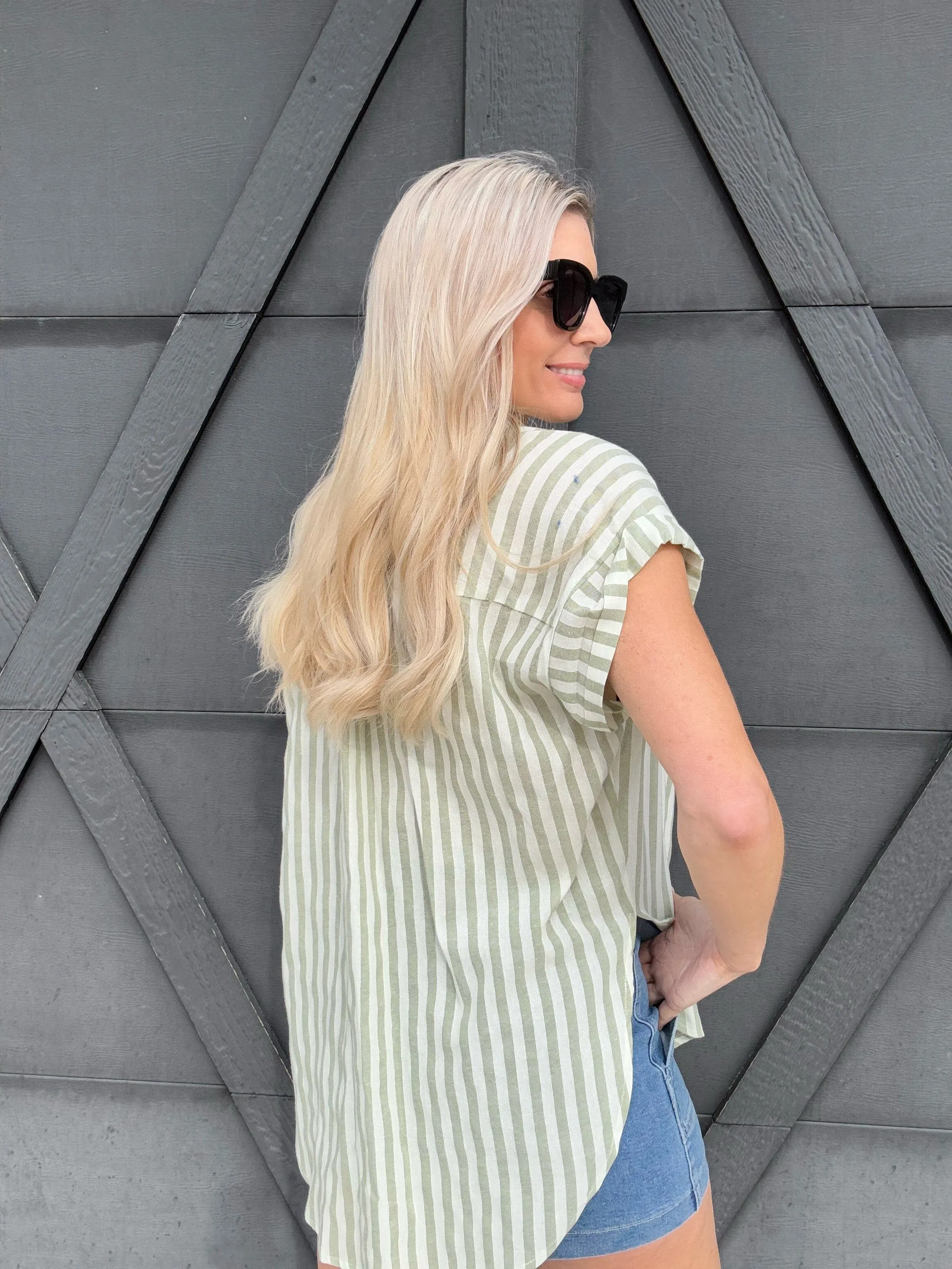 Striped Short Sleeve Blouse In Desert Sage