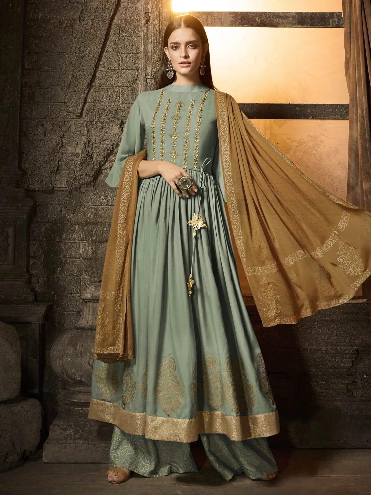 Teal And Golden Zari Embroidered Pakistani Palazzo Suit