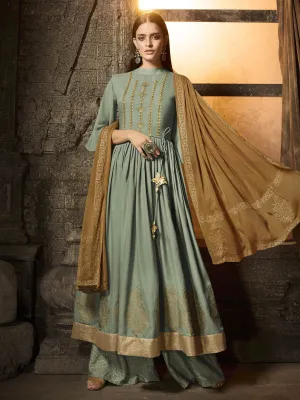 Teal And Golden Zari Embroidered Pakistani Palazzo Suit