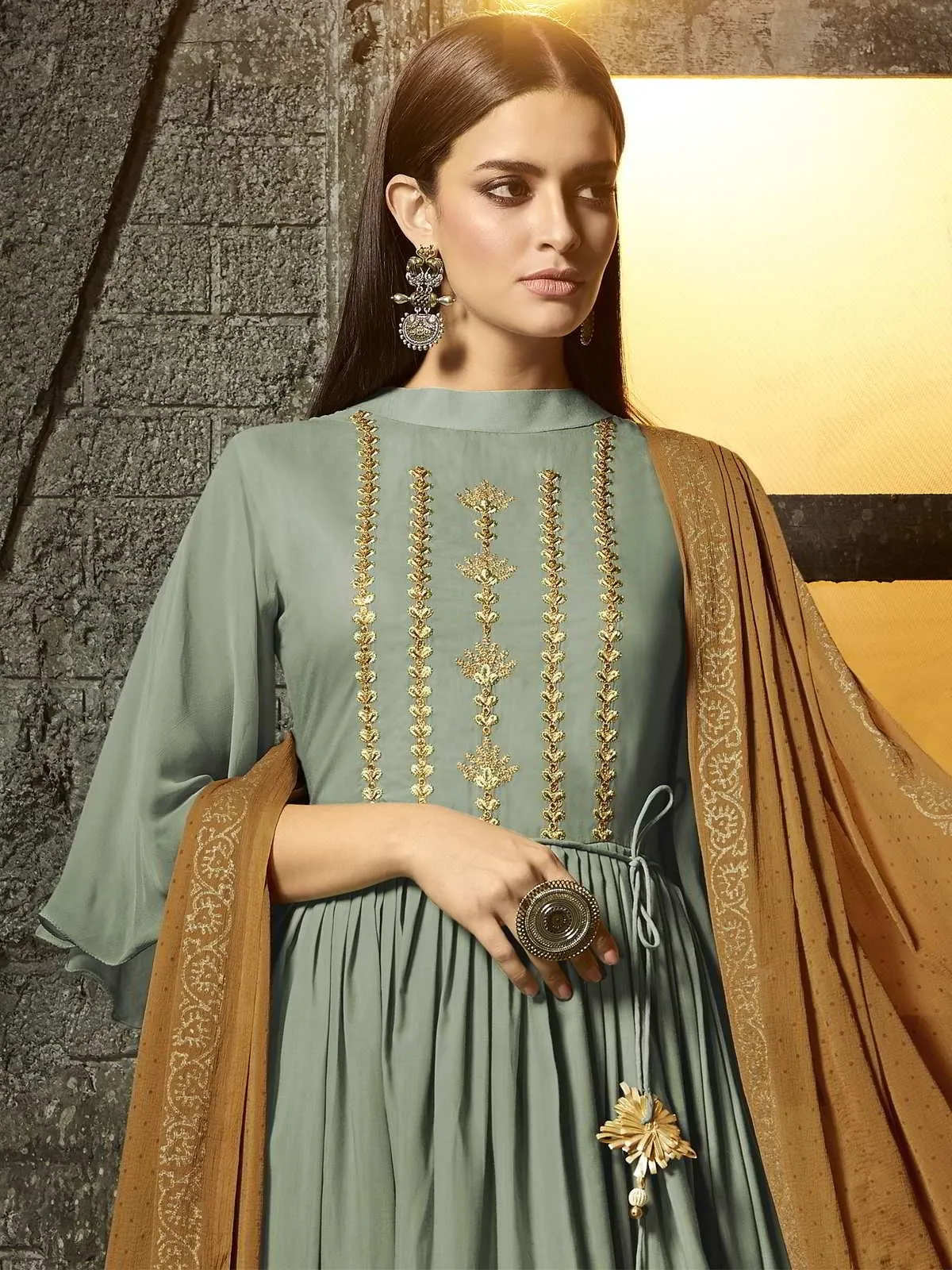 Teal And Golden Zari Embroidered Pakistani Palazzo Suit