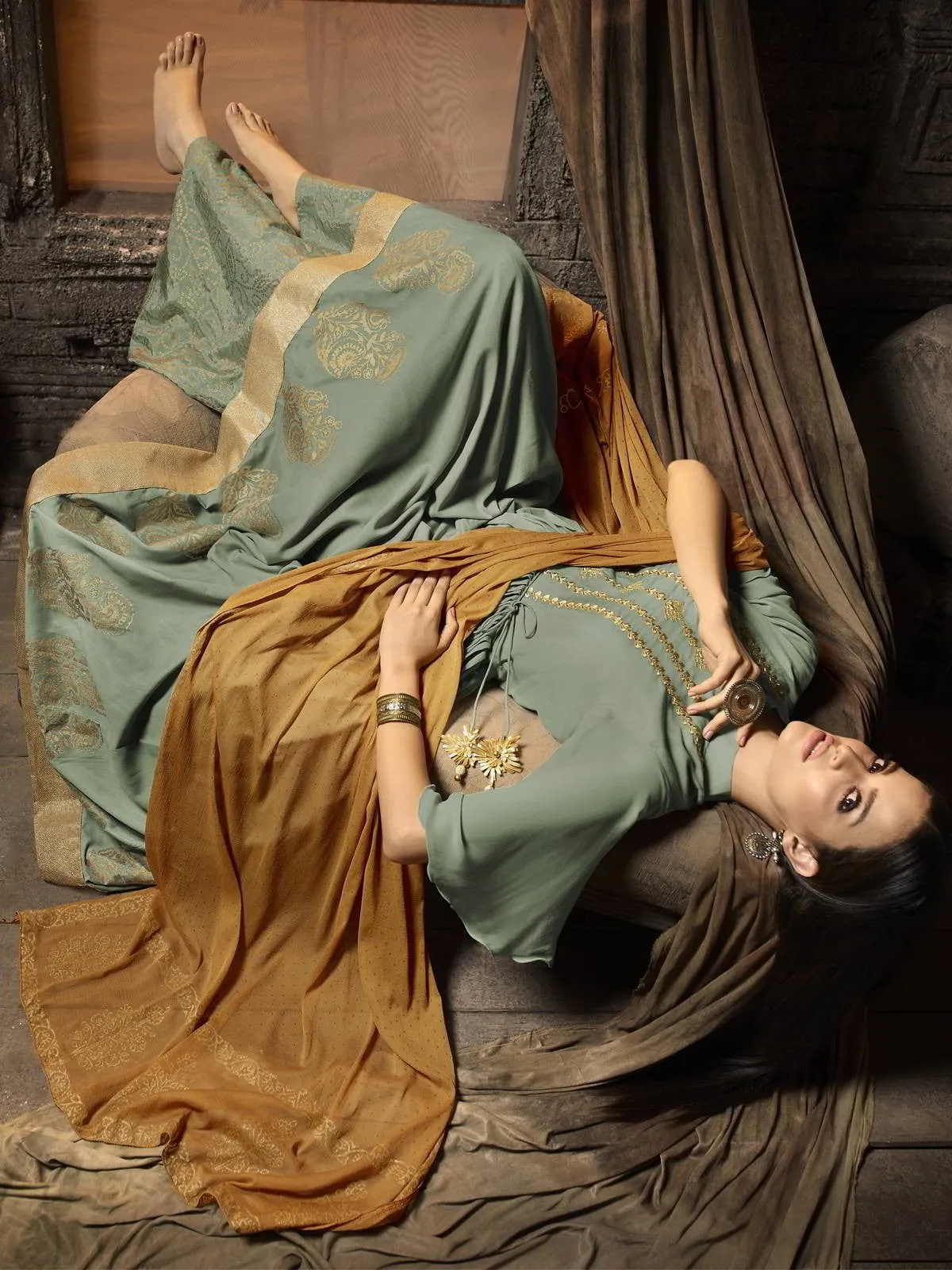 Teal And Golden Zari Embroidered Pakistani Palazzo Suit