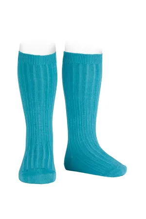 Teal Wide Ribbed Knee High Socks