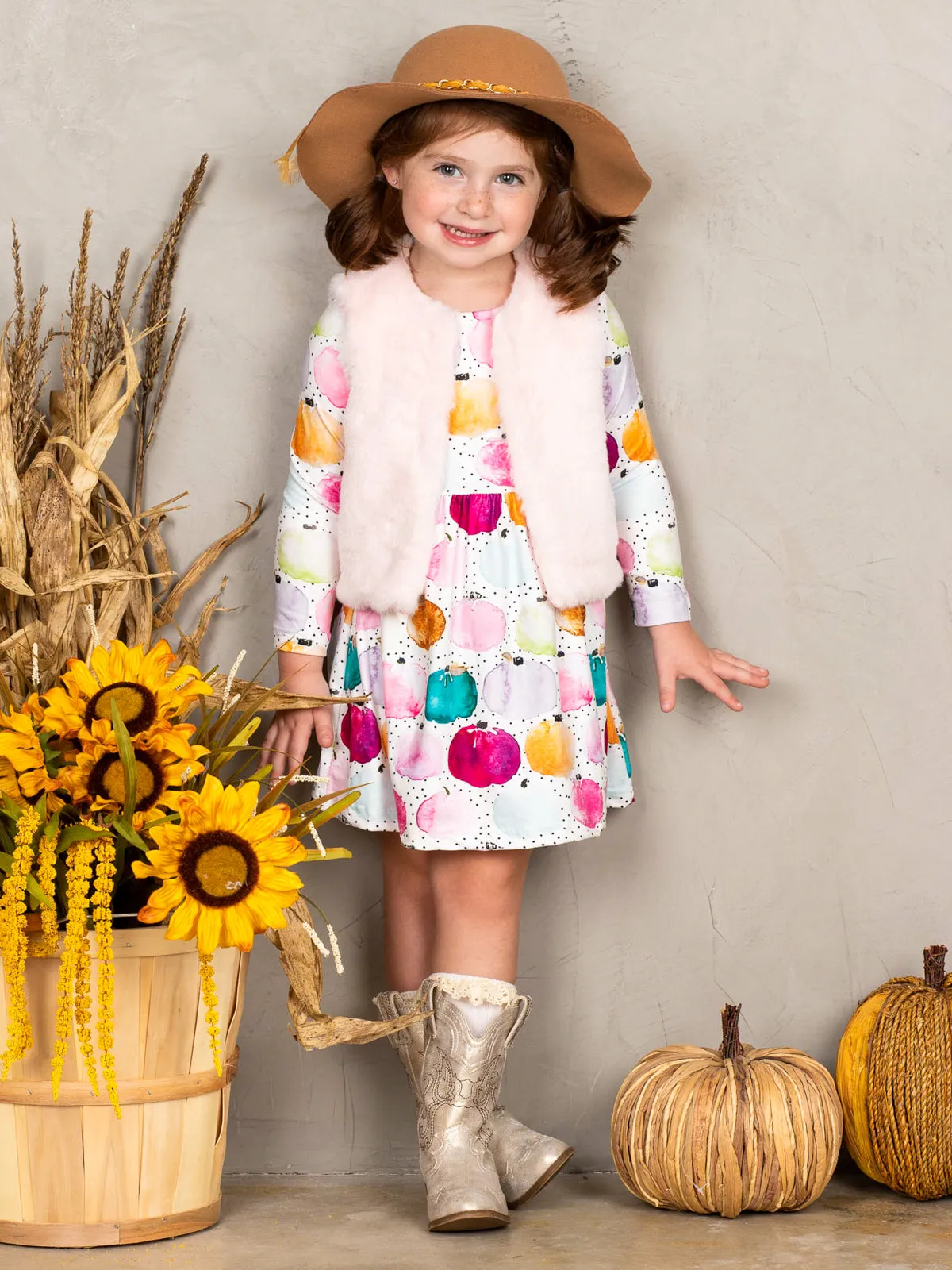 The Cutest Pick Pumpkin Dress And Fuzzy Vest Set