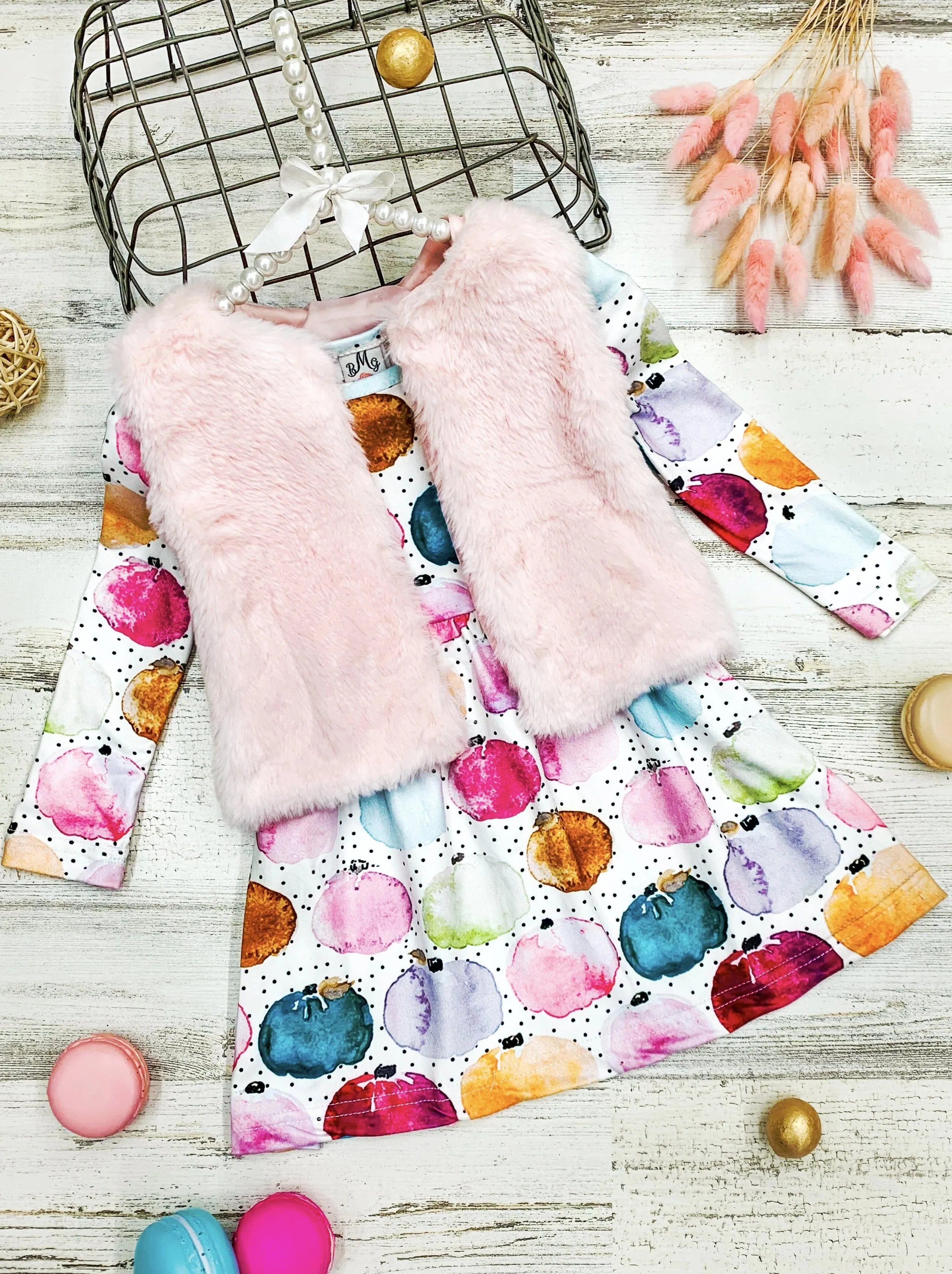 The Cutest Pick Pumpkin Dress And Fuzzy Vest Set