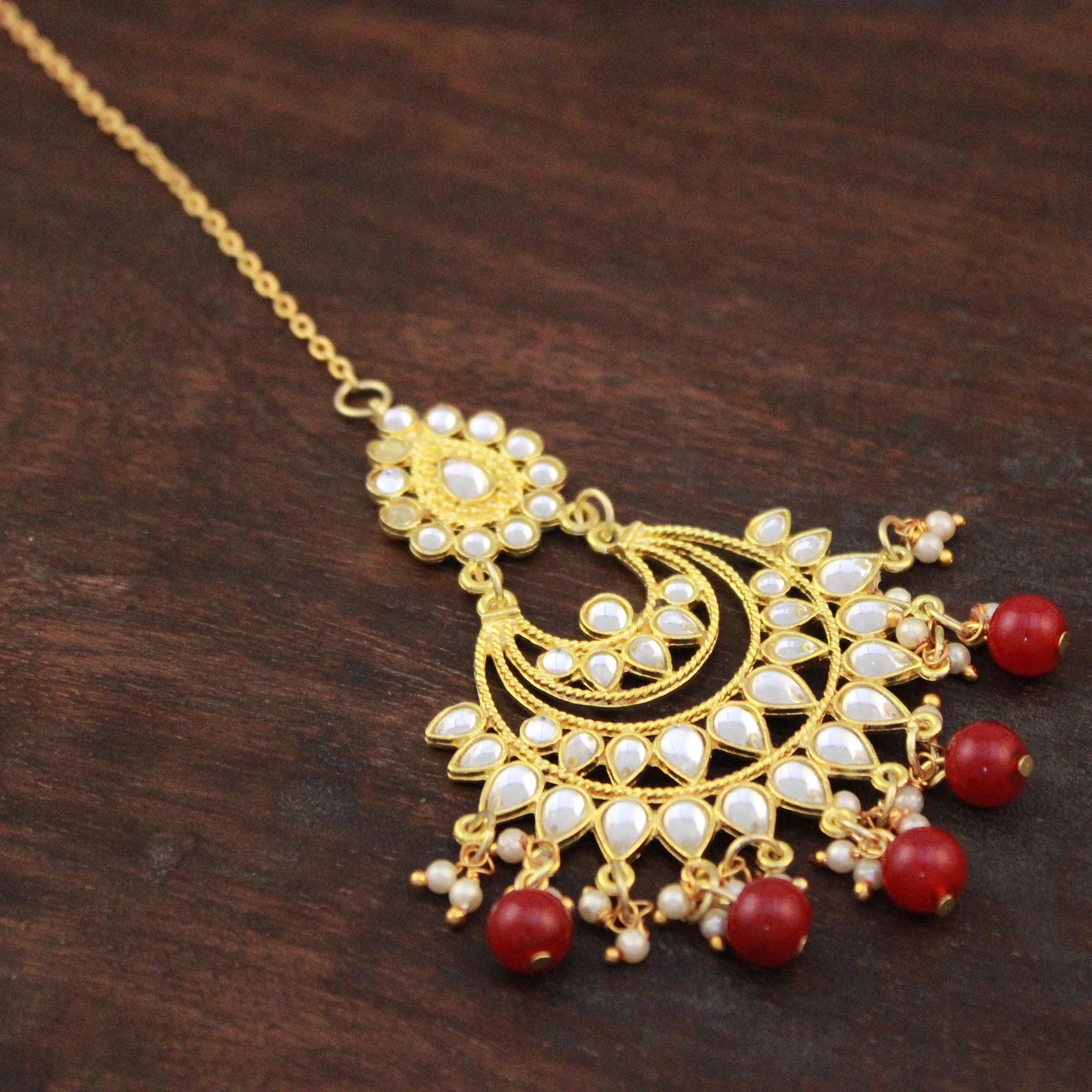 Traditional Gold Plated Red Beads Kundan Maangtikka for Women