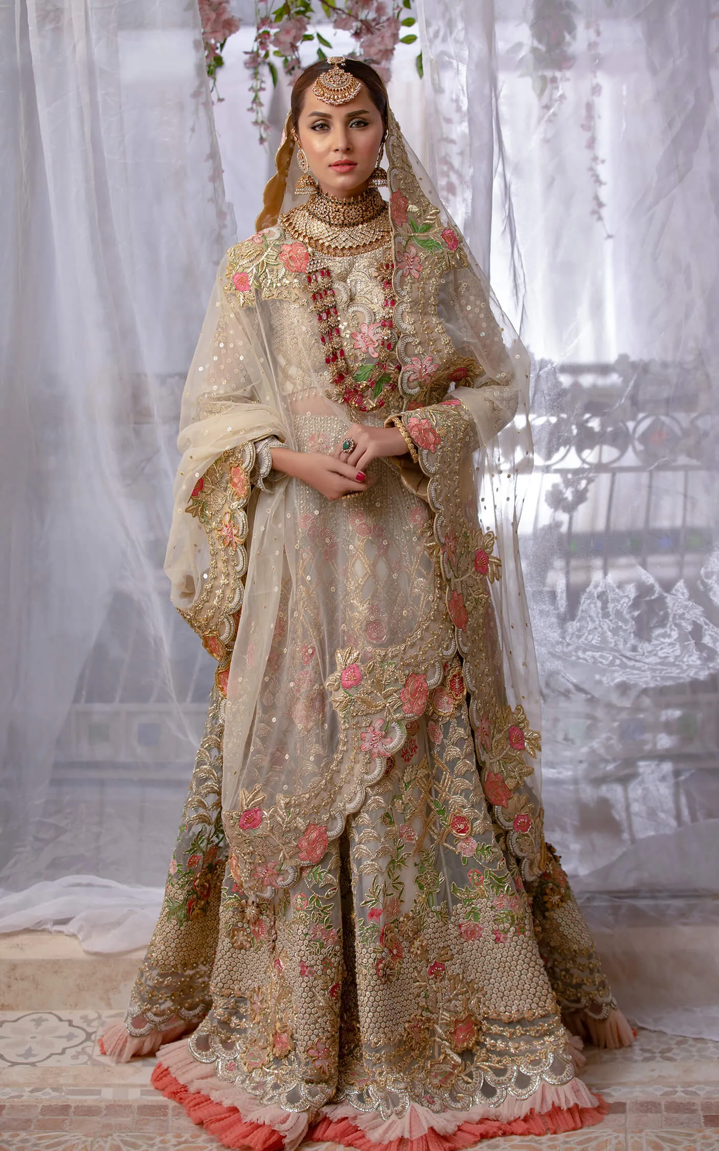 Traditional Net Lehenga Choli in Floral Lehenga and Embellished Choli Style Bridal Dress Pakistani #BS641
