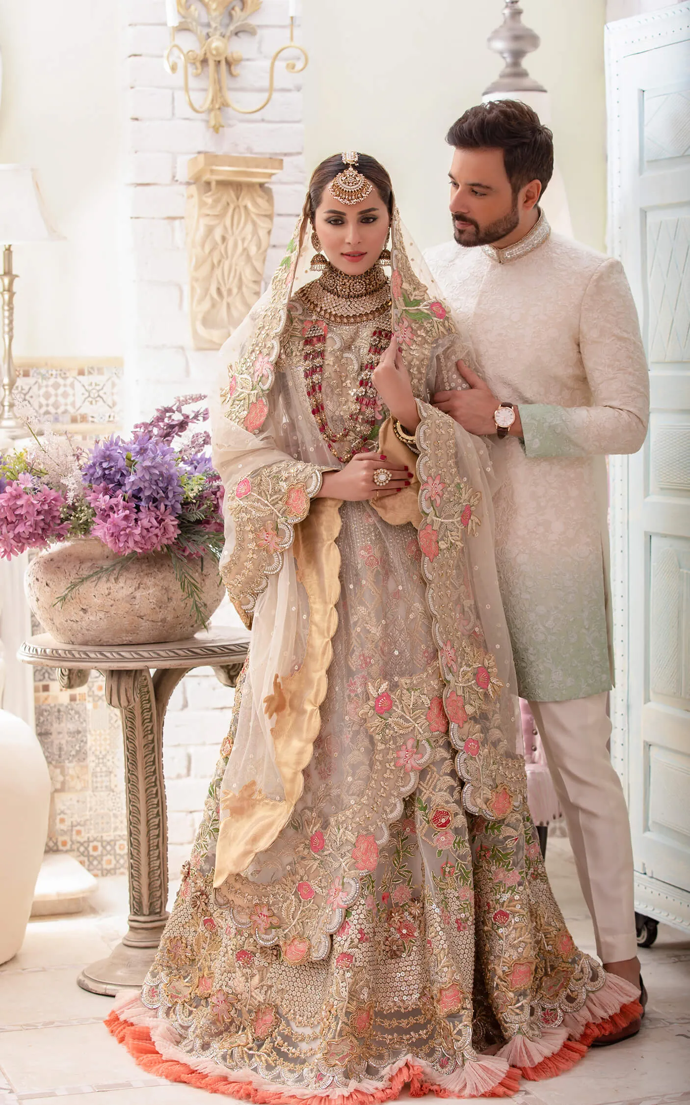 Traditional Net Lehenga Choli in Floral Lehenga and Embellished Choli Style Bridal Dress Pakistani #BS641
