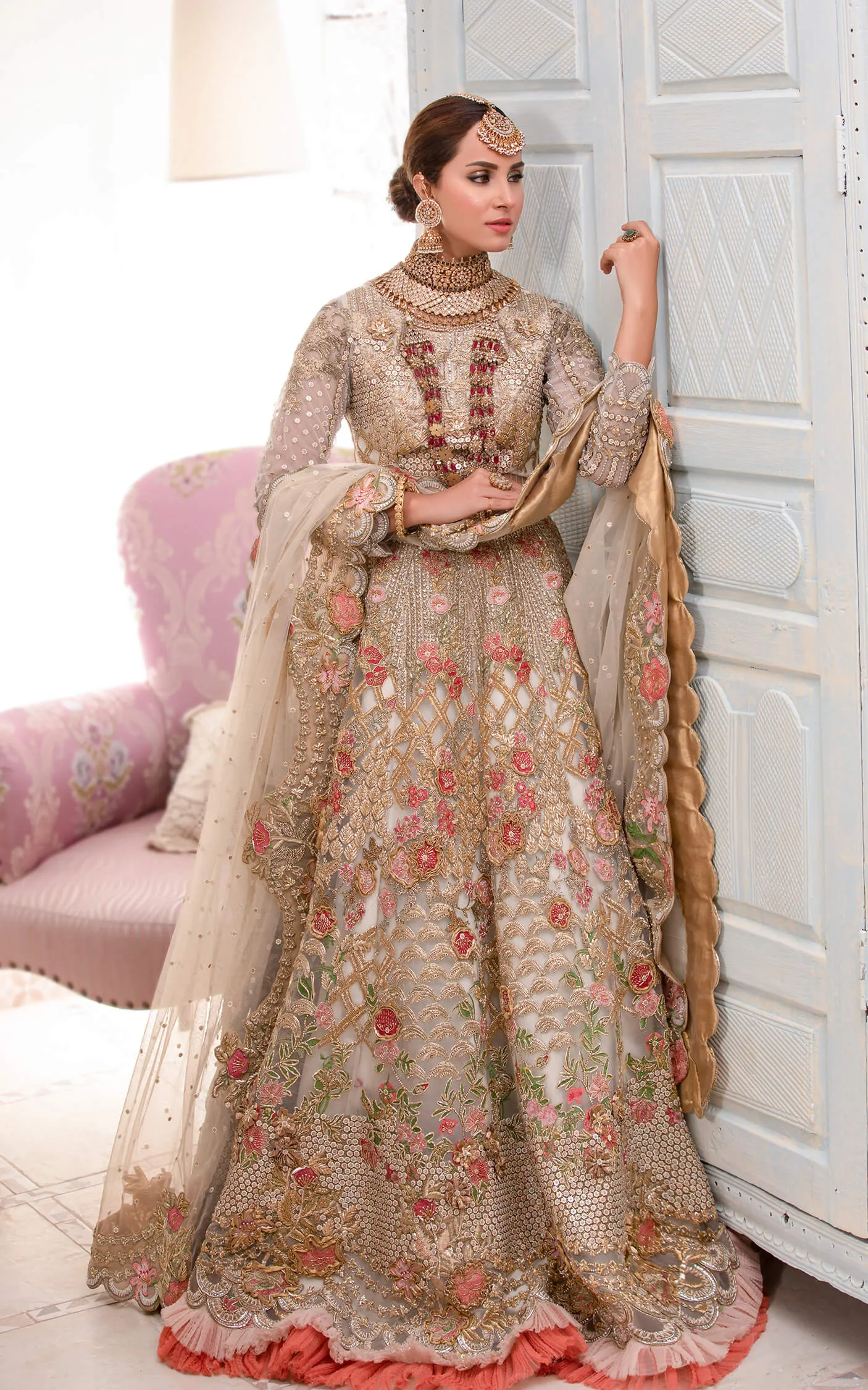 Traditional Net Lehenga Choli in Floral Lehenga and Embellished Choli Style Bridal Dress Pakistani #BS641