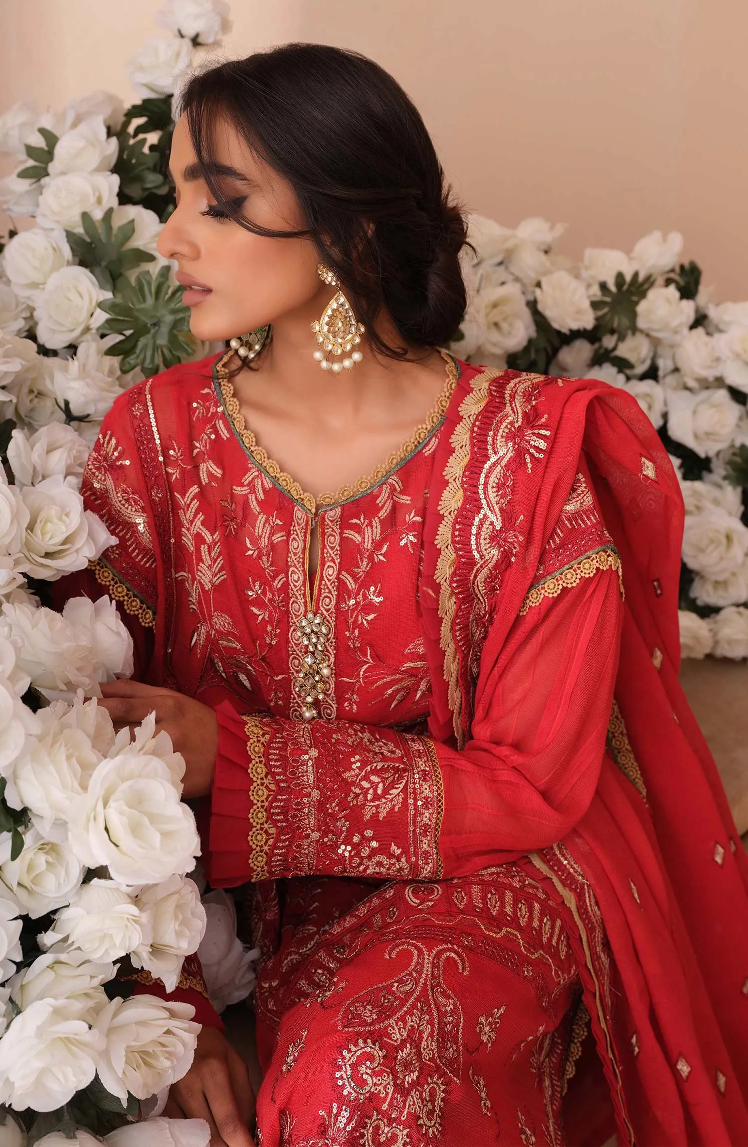 Traditional Red Dress Pakistani in Kameez Trouser Style