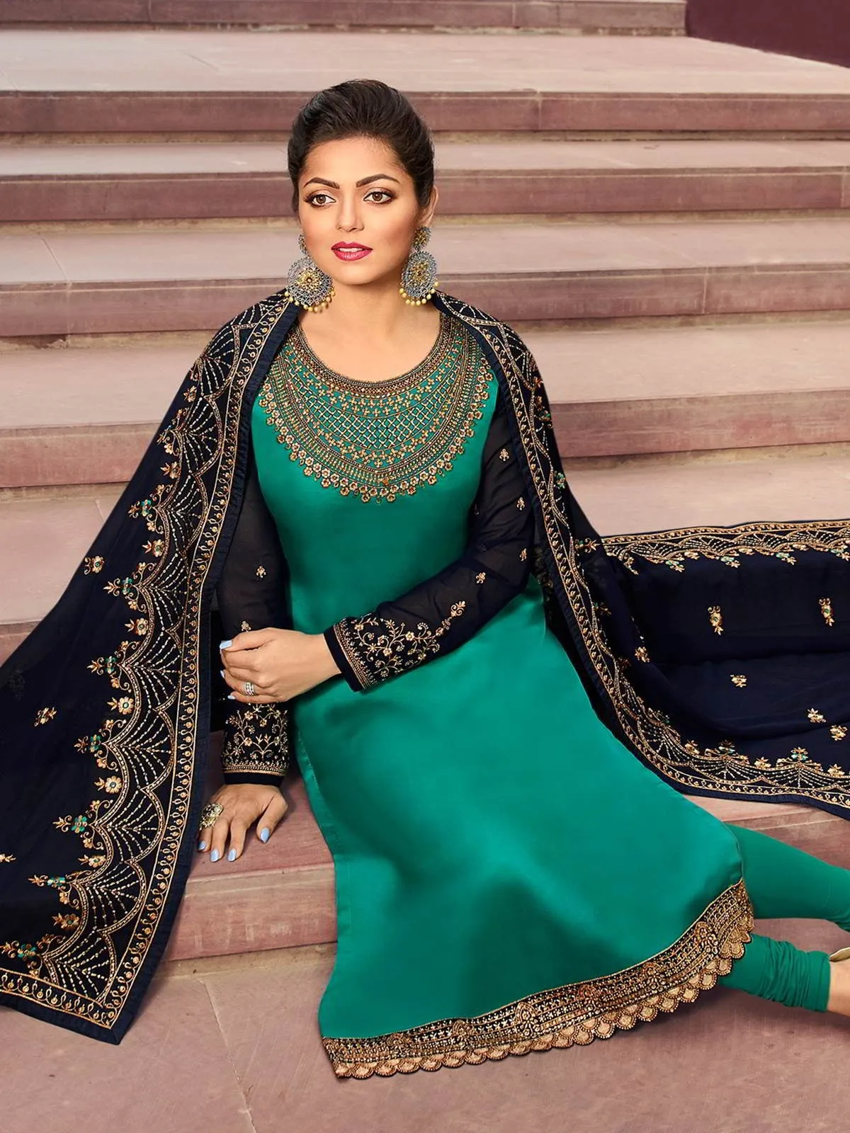 Turquoise And Blue In Combination Ethnic Churidar Suit
