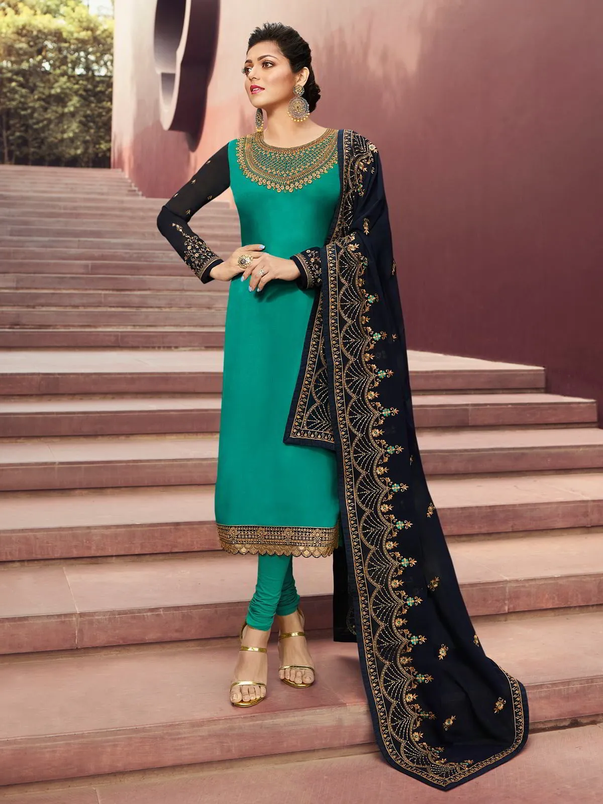 Turquoise And Blue In Combination Ethnic Churidar Suit
