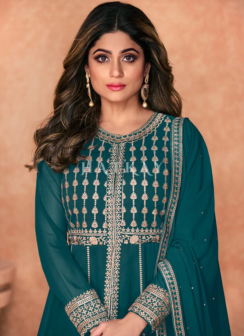 Turquoise Embroidered Traditional Anarkali Lehenga Suit