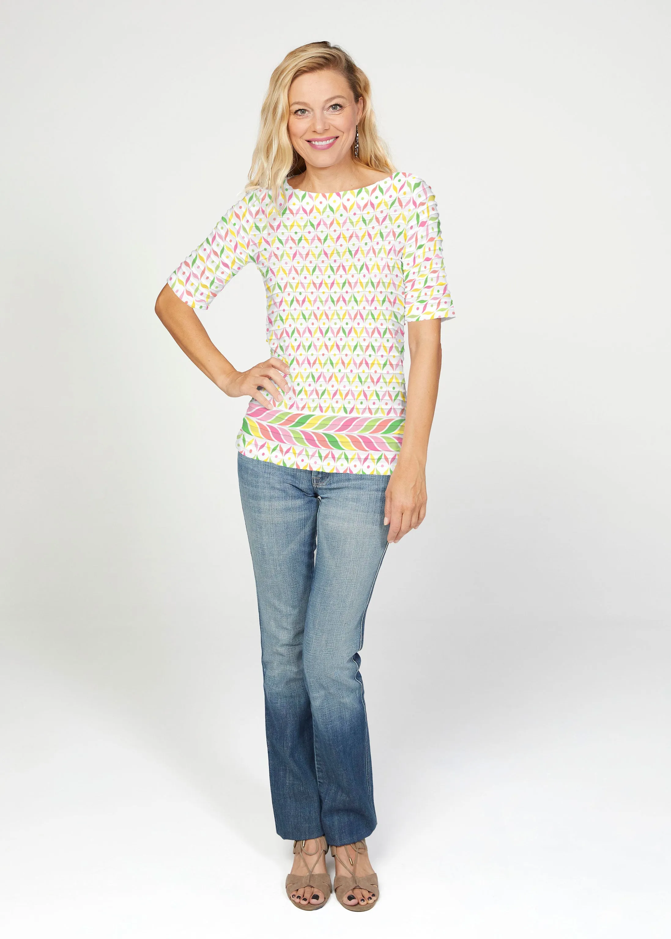 Tutti Fruitti (8036) ~ Banded Elbow Sleeve Boat Neck Top