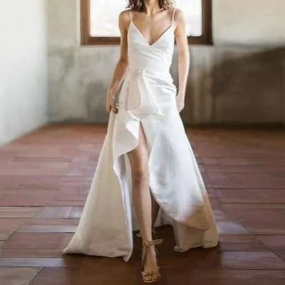 V-strap front slit plain satin open-back wedding dress