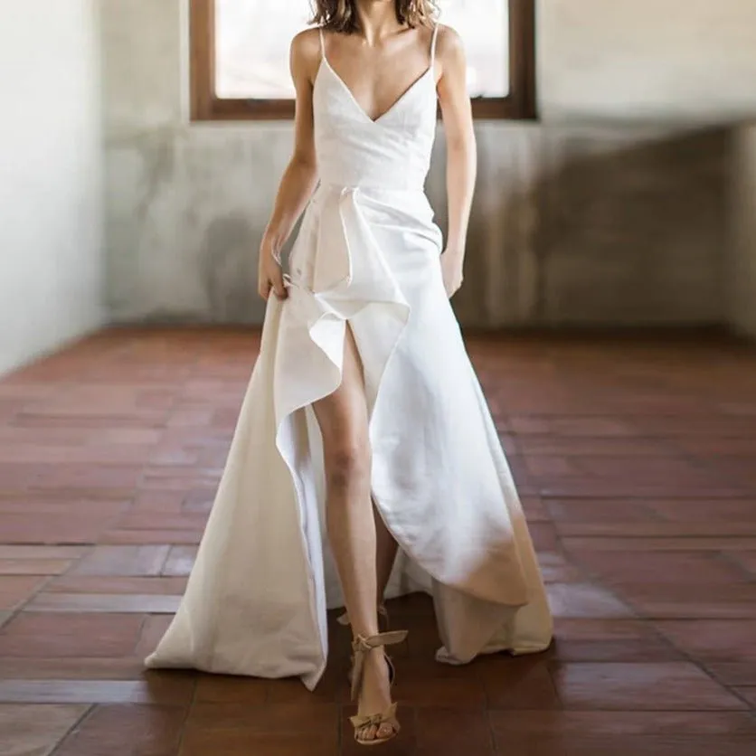 V-strap front slit plain satin open-back wedding dress