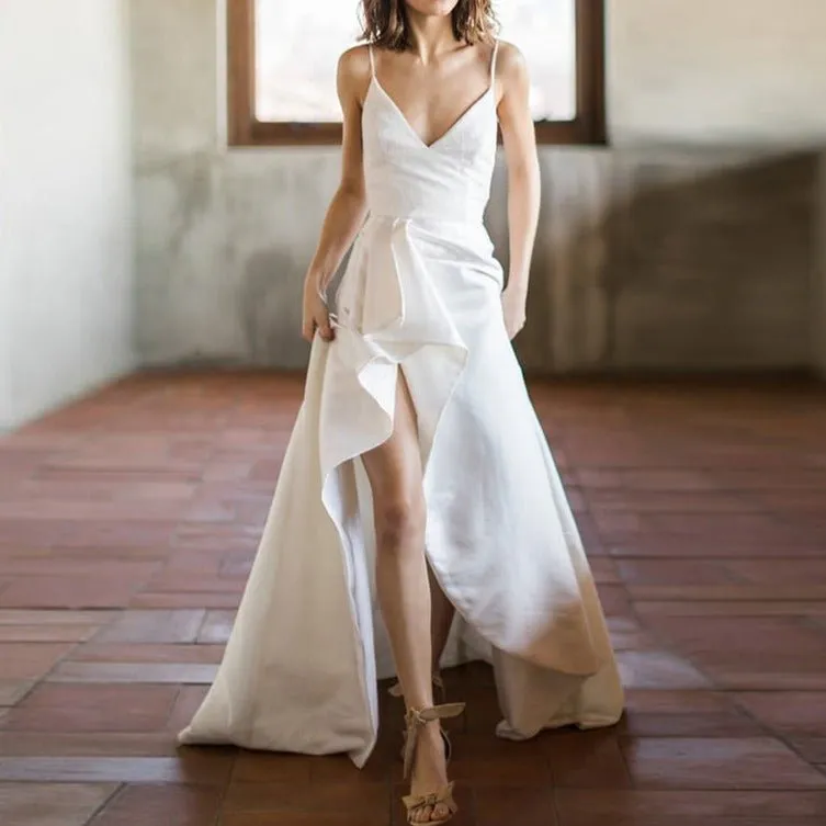 V-strap front slit plain satin open-back wedding dress