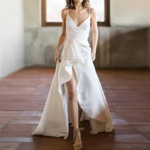V-strap front slit plain satin open-back wedding dress