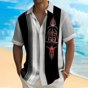 Vintage Bowling Pinstripe Samurai Print Casual Short Sleeve Shirt