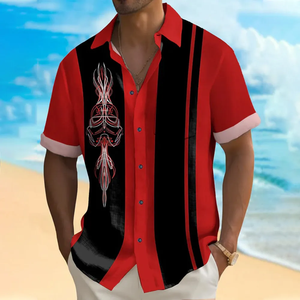 Vintage Bowling Pinstripe Samurai Print Casual Short Sleeve Shirt