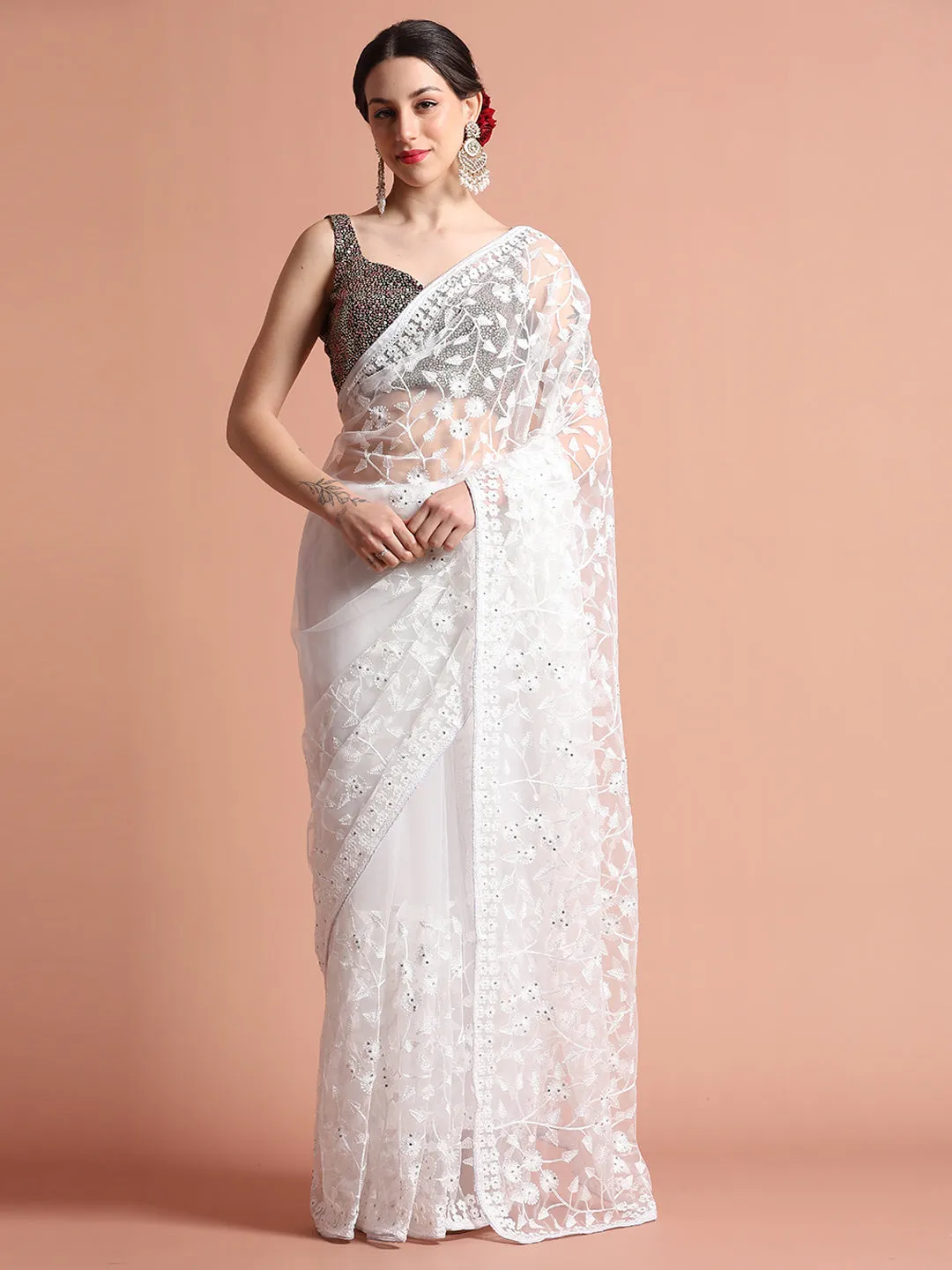 White Party Wear Floral Embroidered Net Saree