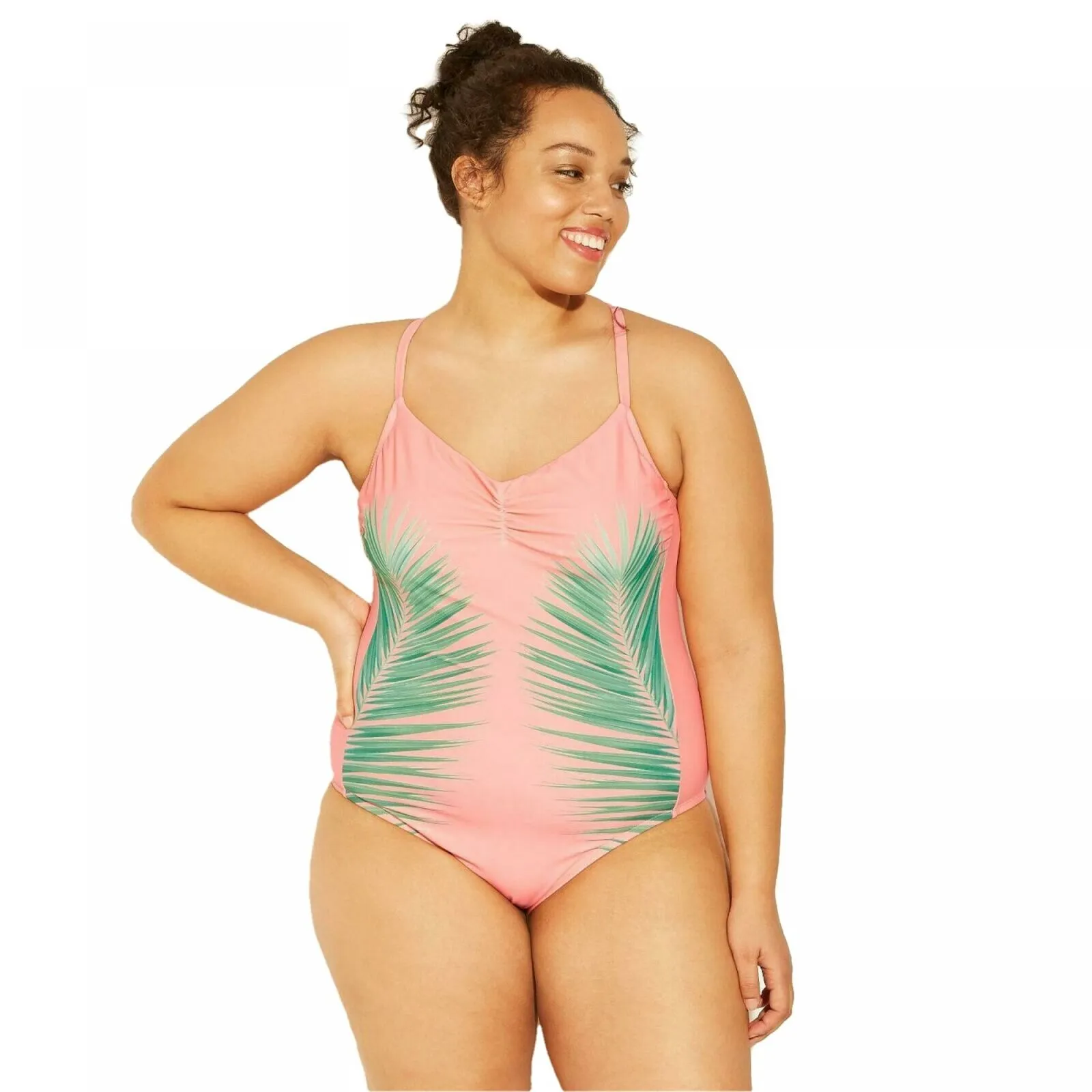 Xhilaration Women's Plus Size Palm Print Scoop Back One Piece Swimsuit