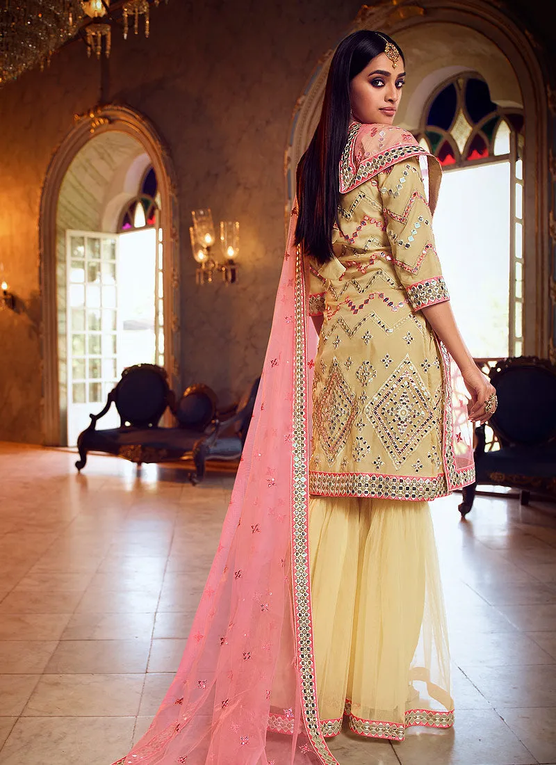 Yellow And Pink Mirror Embroidered Gharara Suit