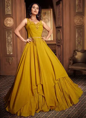 Yellow Floral Embroidered Layered Indo Western Gown