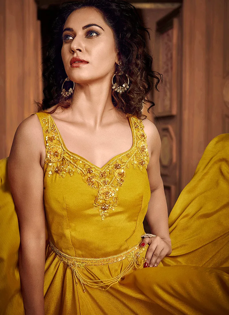 Yellow Floral Embroidered Layered Indo Western Gown