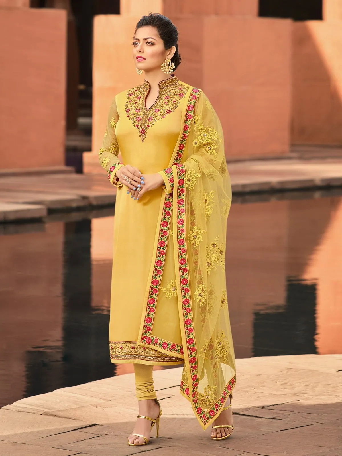 Yellow Traditional Multi Embroidered Churidar Suit