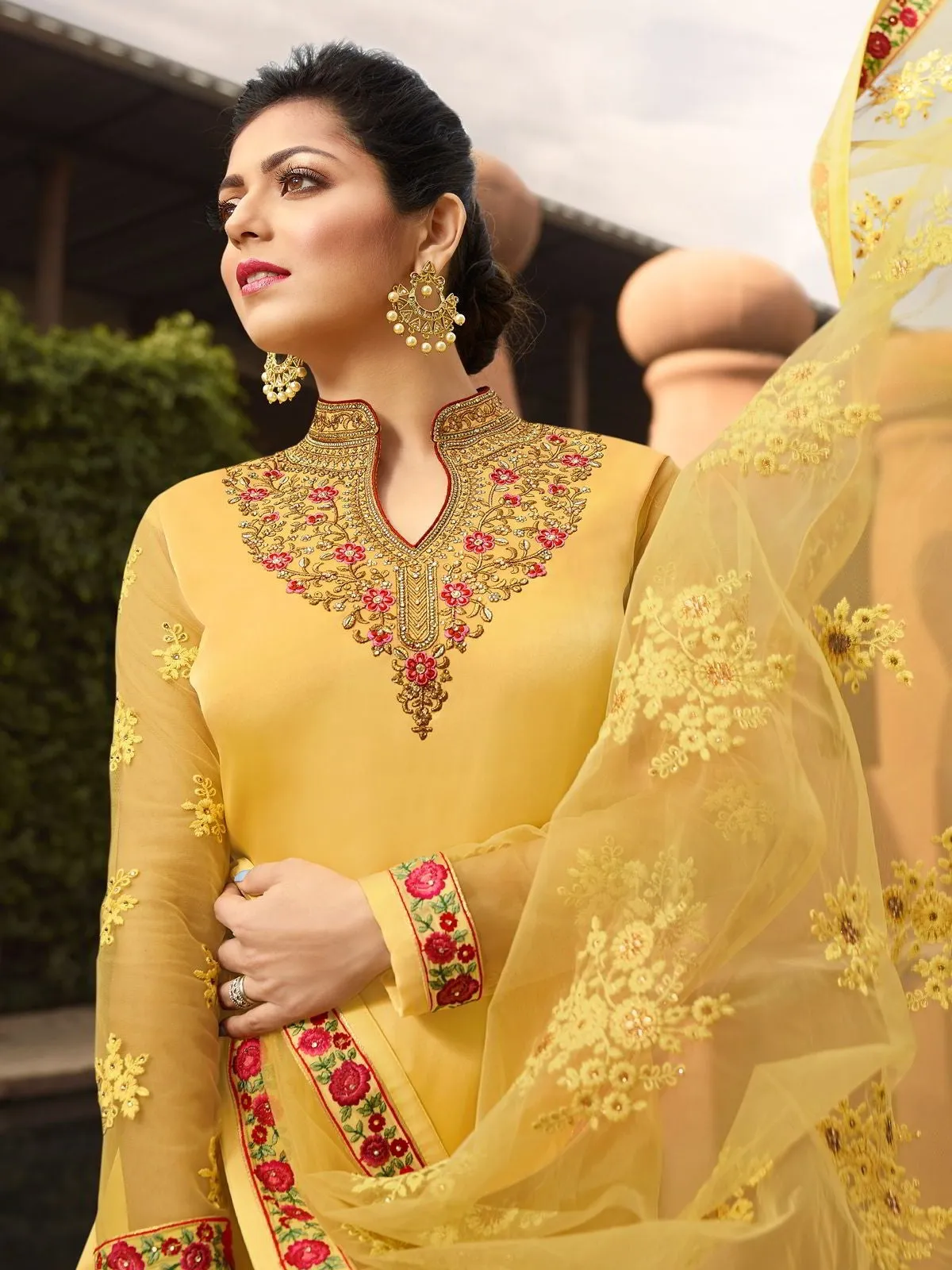 Yellow Traditional Multi Embroidered Churidar Suit