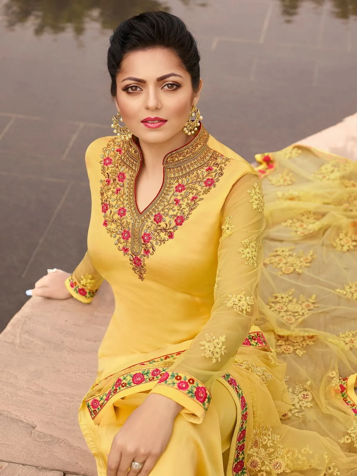 Yellow Traditional Multi Embroidered Churidar Suit