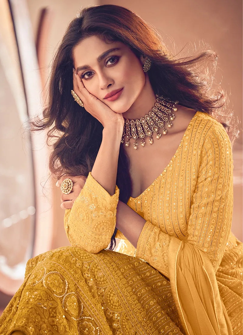 Yellow Traditional Sequence Embroidered Wedding Anarkali Lehenga